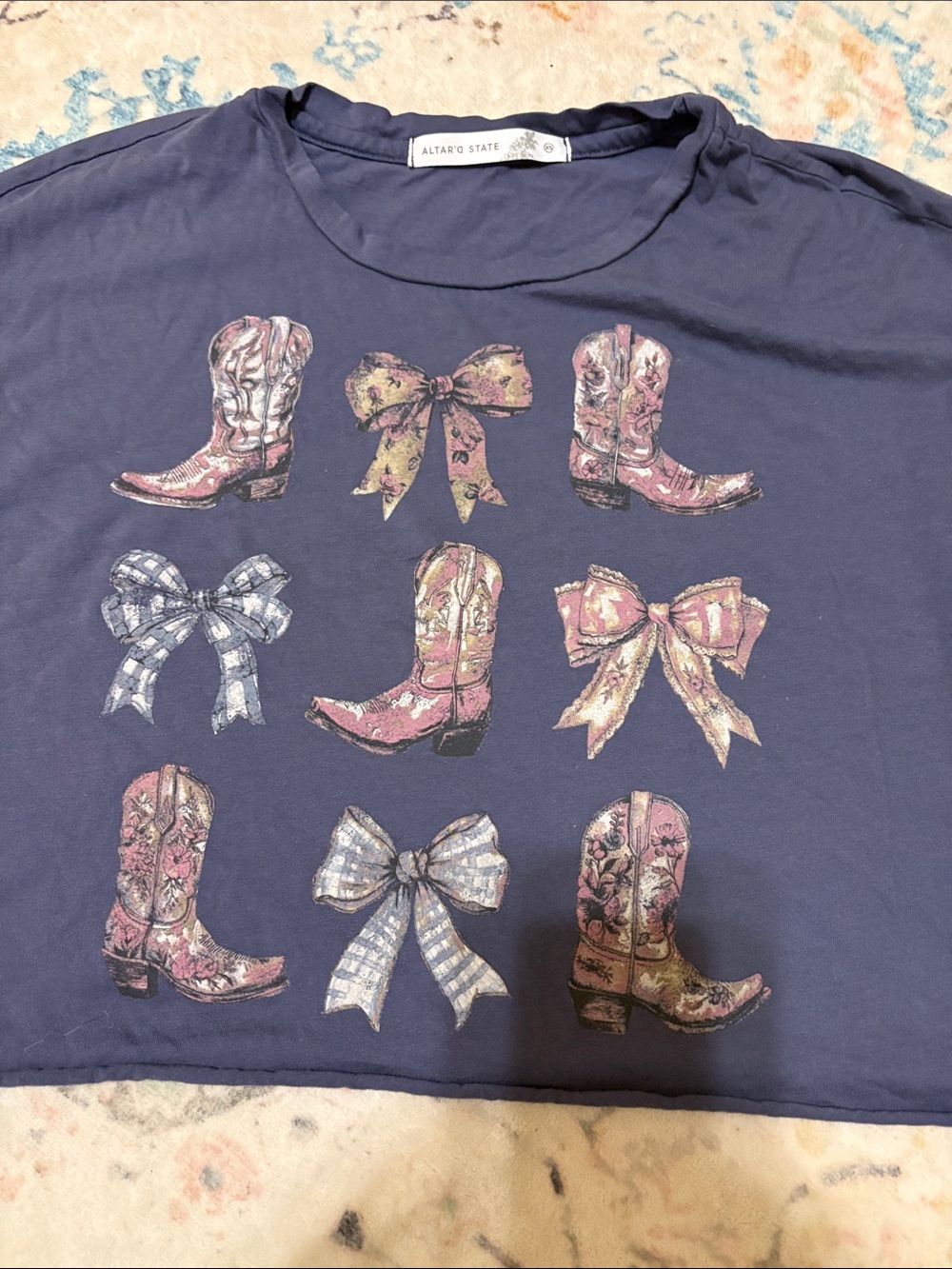 Altar'd State Navy Tee with Pink & Cream Cowboy Boots and Bows. Size XS.
